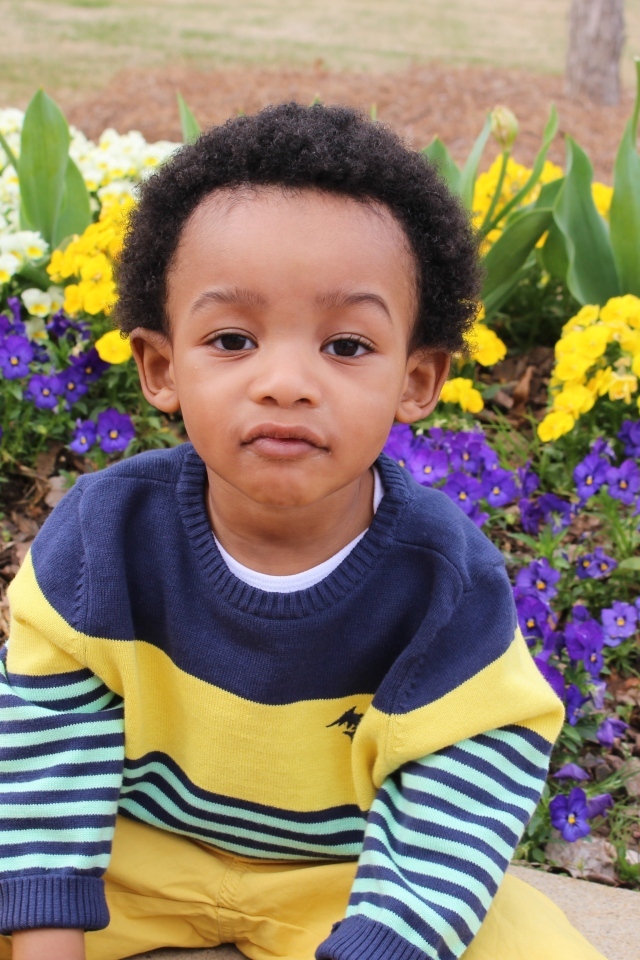 Темнокожий мальчик у клумбы с цветами 