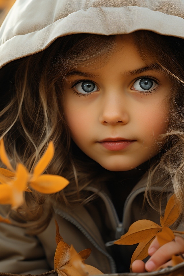 Маленькая голубоглазая девочка в куртке осенью 