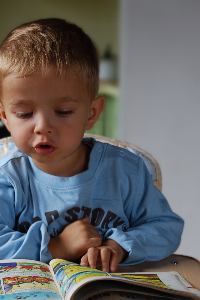 Маленький мальчик читает интересную книгу