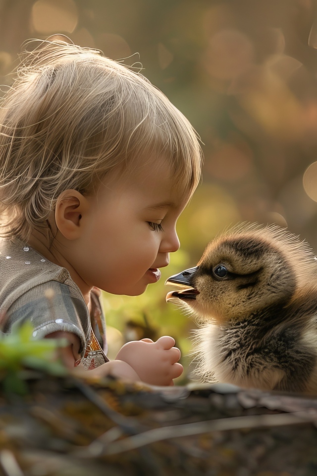 Маленький ребенок с утенком на земле