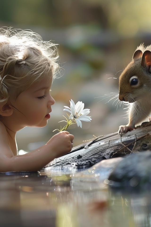 Маленькая девочка в воде с белкой