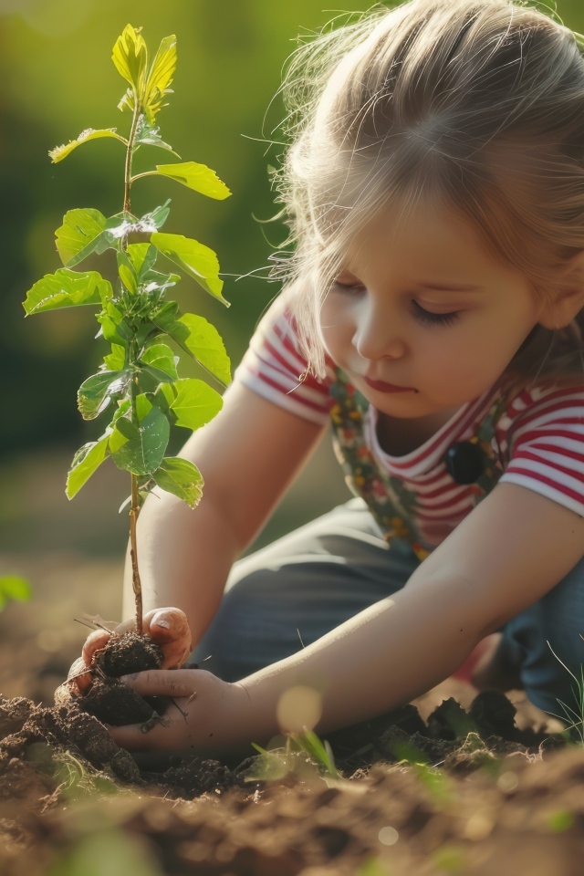 Маленькая девочка сажает зеленое растение