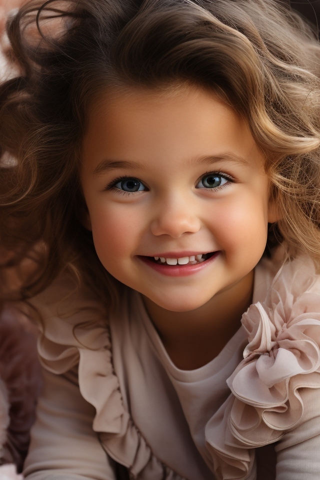 Маленькая улыбающаяся девочка в розовых цветах пиона