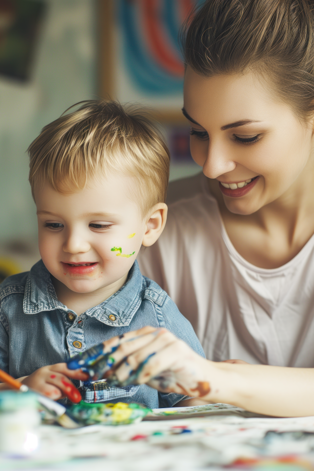 Мама рисует красками с сыном