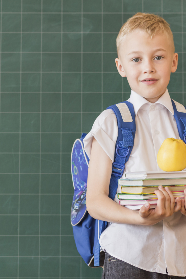 Мальчик школьник с книгами у доски