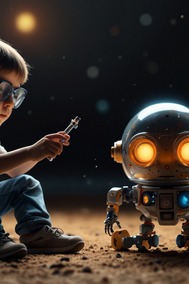 Мальчик ученый с роботом 
