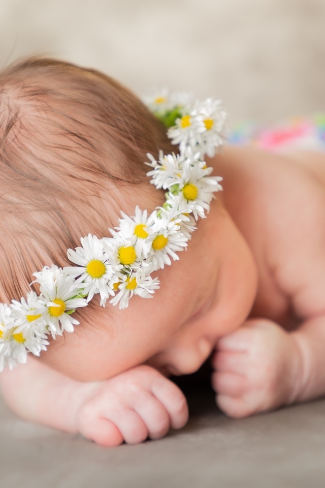 Спящая новорожденная девочка с венком из ромашек