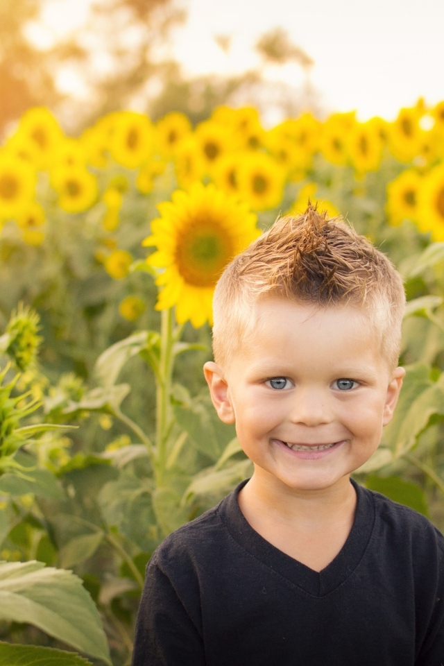 Улыбающийся маленький мальчик на поле с подсолнухами