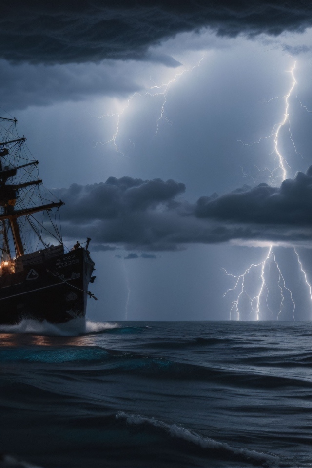 Корабль в бушующем море в шторм на фоне молнии в небе