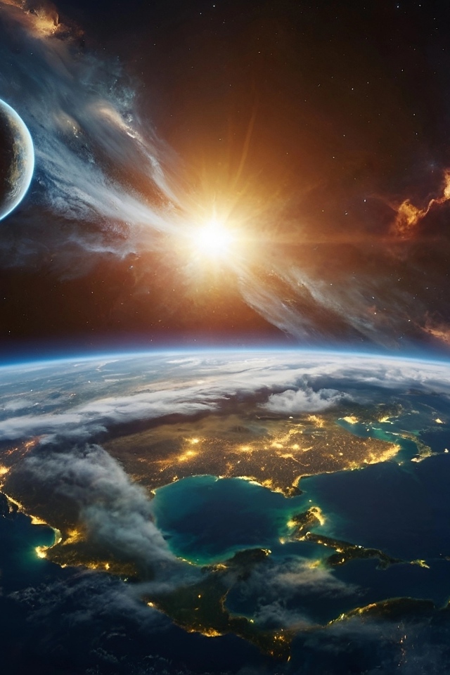 Яркая вспышка в космосе над планетой Земля