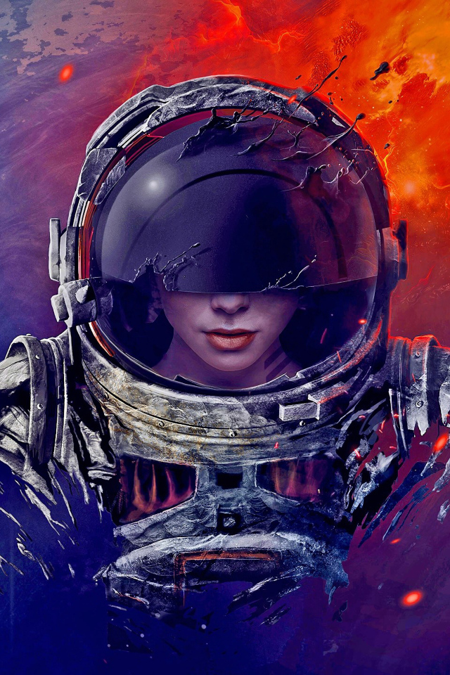 Девушка астронавт в скафандре на фоне планеты