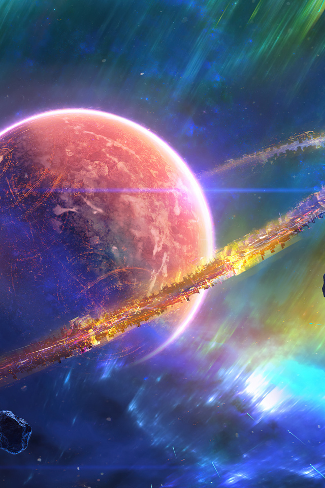 Большая планета с кольцами в космосе с астероидами