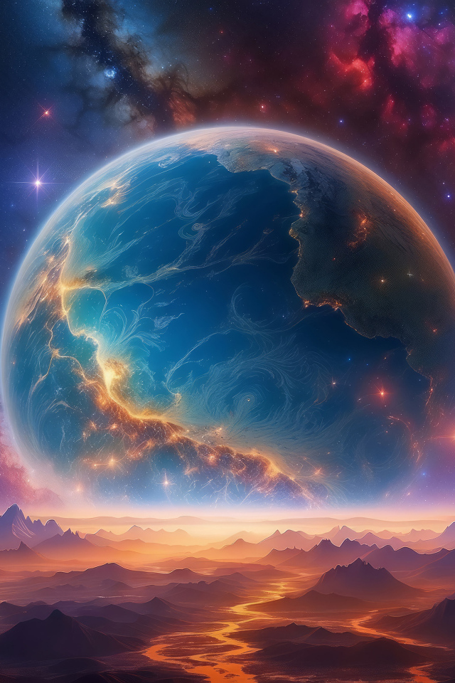 Млечный путь в небе над большой круглой планетой