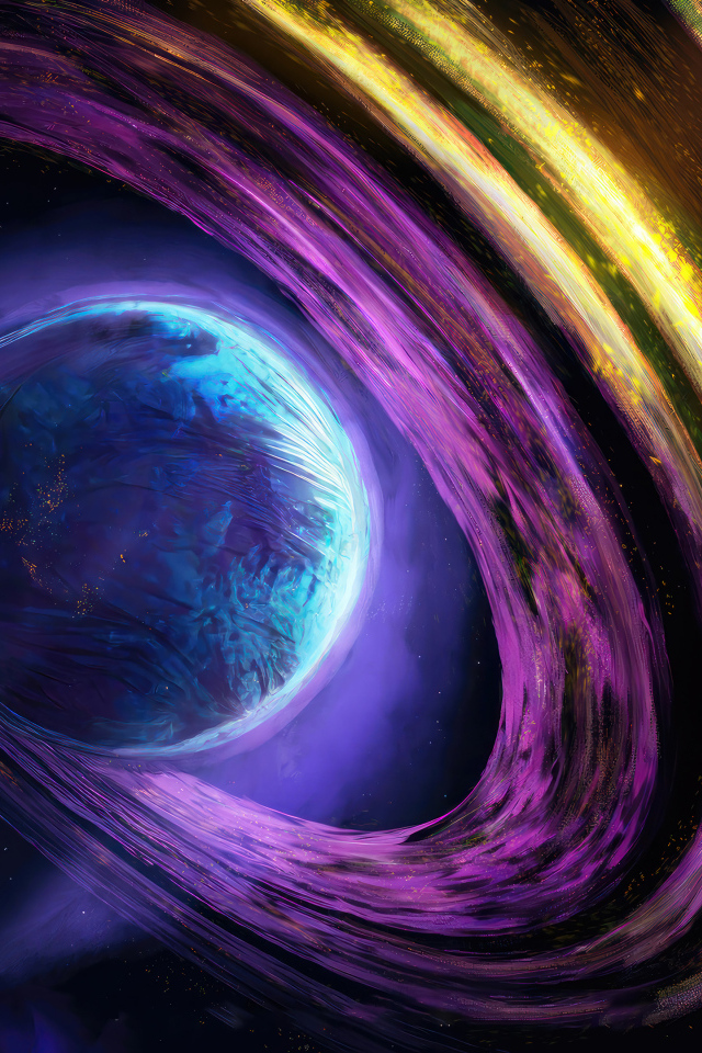 Планета с разноцветными кольцами в космосе