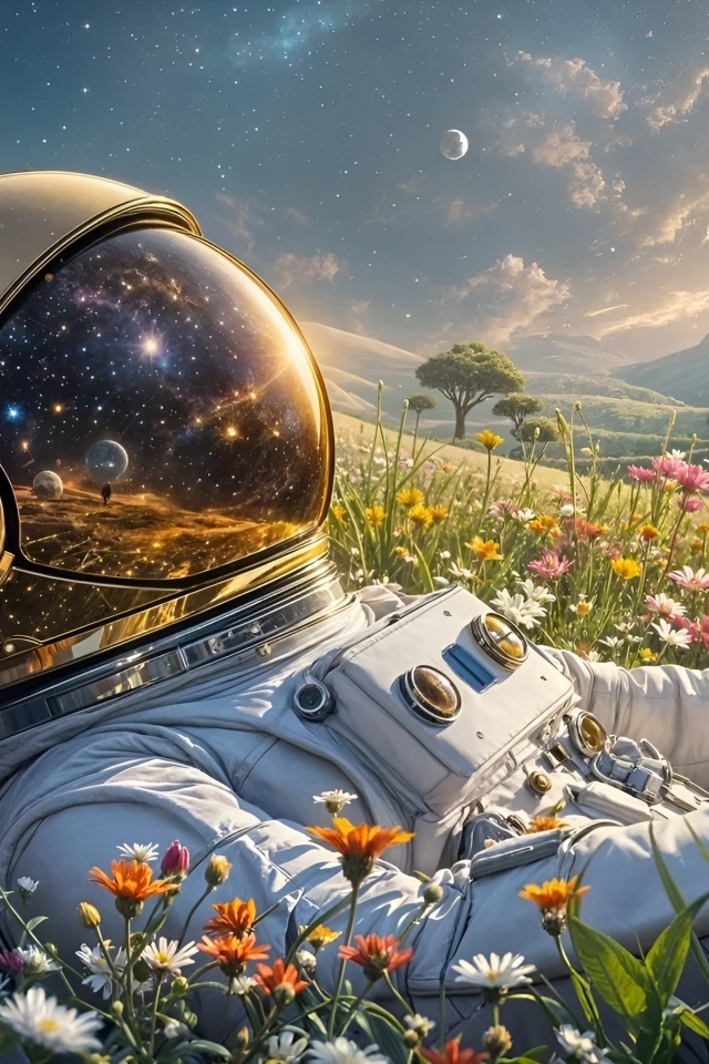 Космос отражается в шлеме астронавта лежащего на поле с цветами