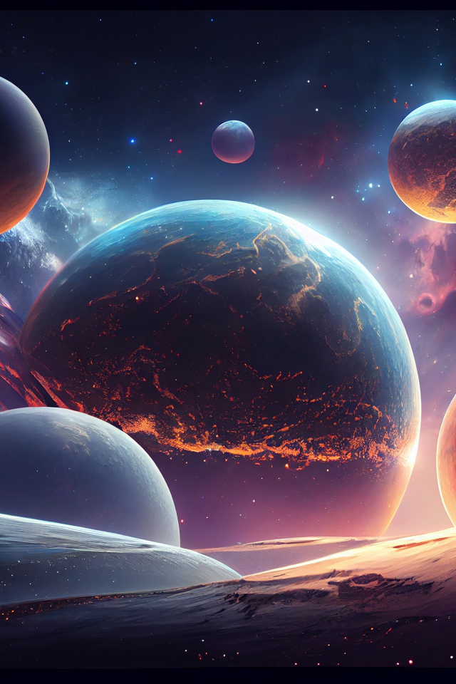 Вид на большие планеты в огненном космосе