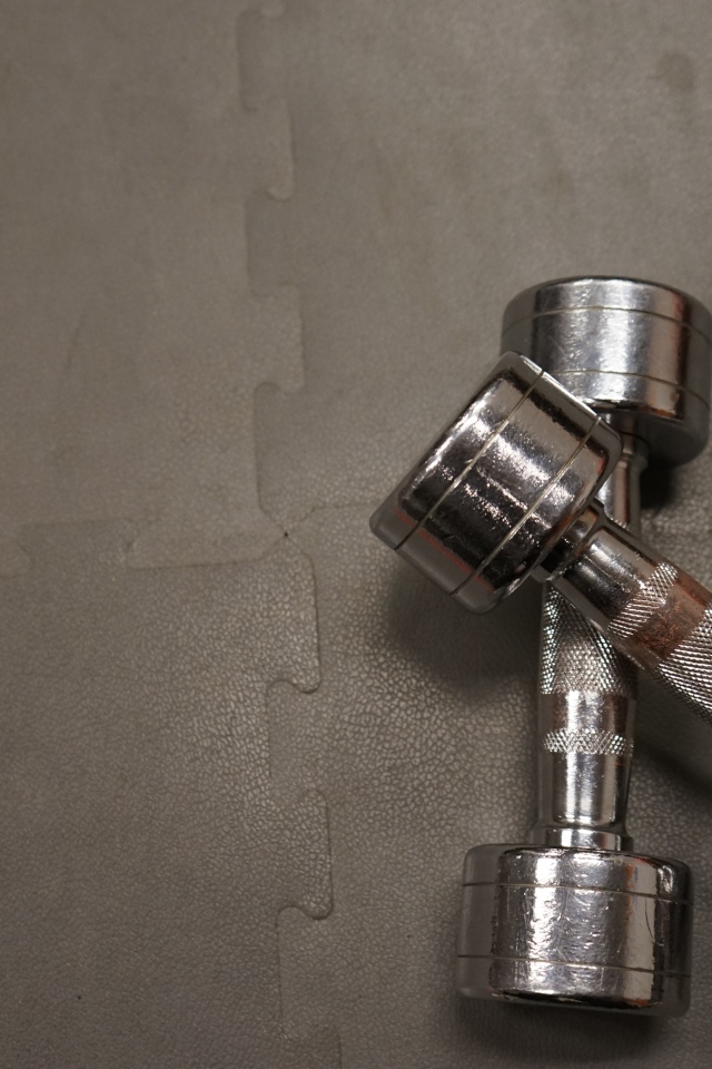 Две железные гантели на сером фоне