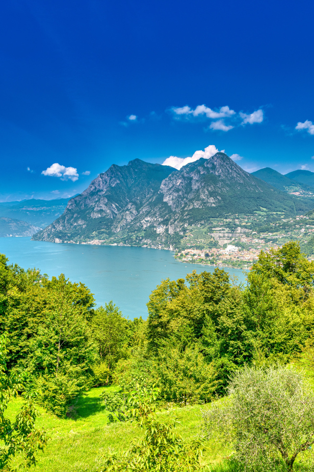 Красивый вид на деревья, озеро и горы, Италия