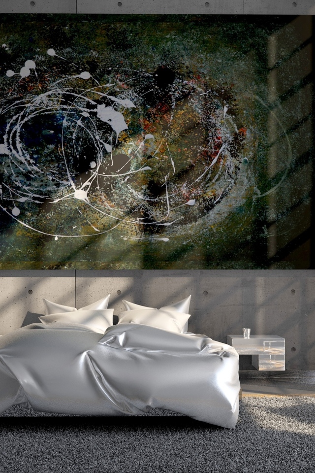 Абстрактная картина на стене в спальне с большим окном