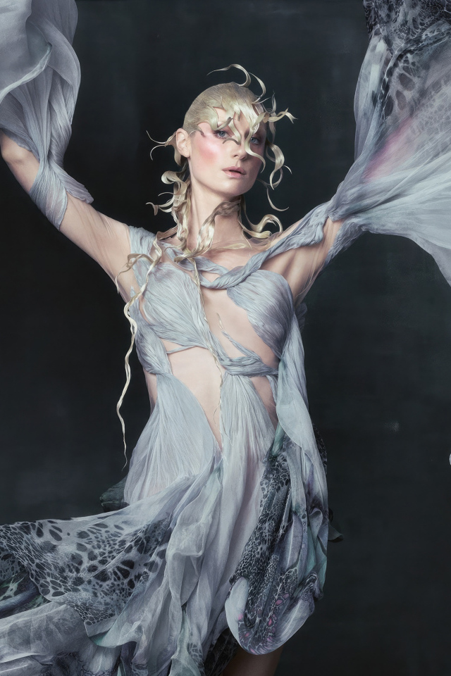 Актриса Элизабет Дебики в красивом сером платье