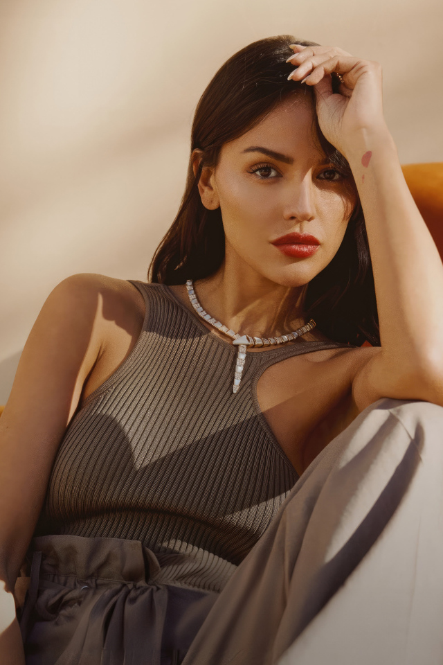 Красивая брюнетка, актриса Эйса Гонсалес сидит у дивана