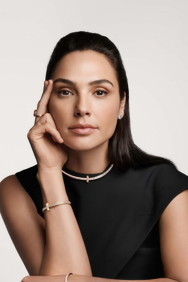 Кареглазая Галь Гадот с украшениями в черном платье