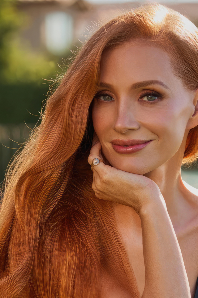 Милая голубоглазая рыжеволосая девушка актриса Джессика Честейн