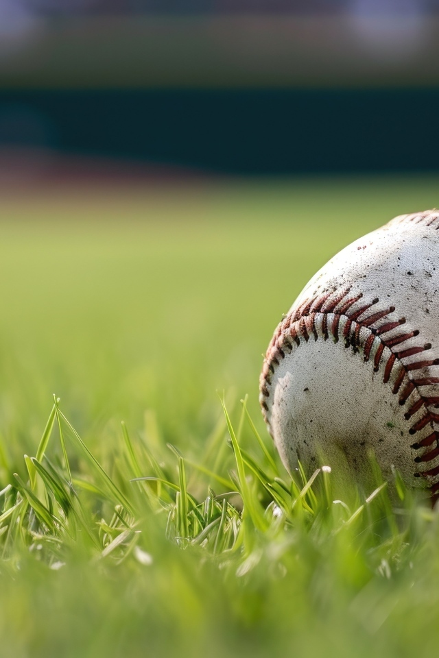 Грязный бейсбольный мяч на зеленой траве на поле