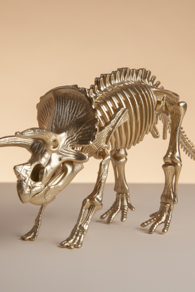 Золотой скелет динозавра на коричневом фоне