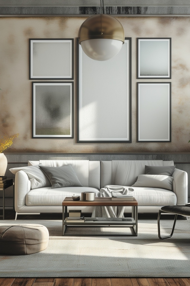 Большой серый диван в комнате с картиной на стене