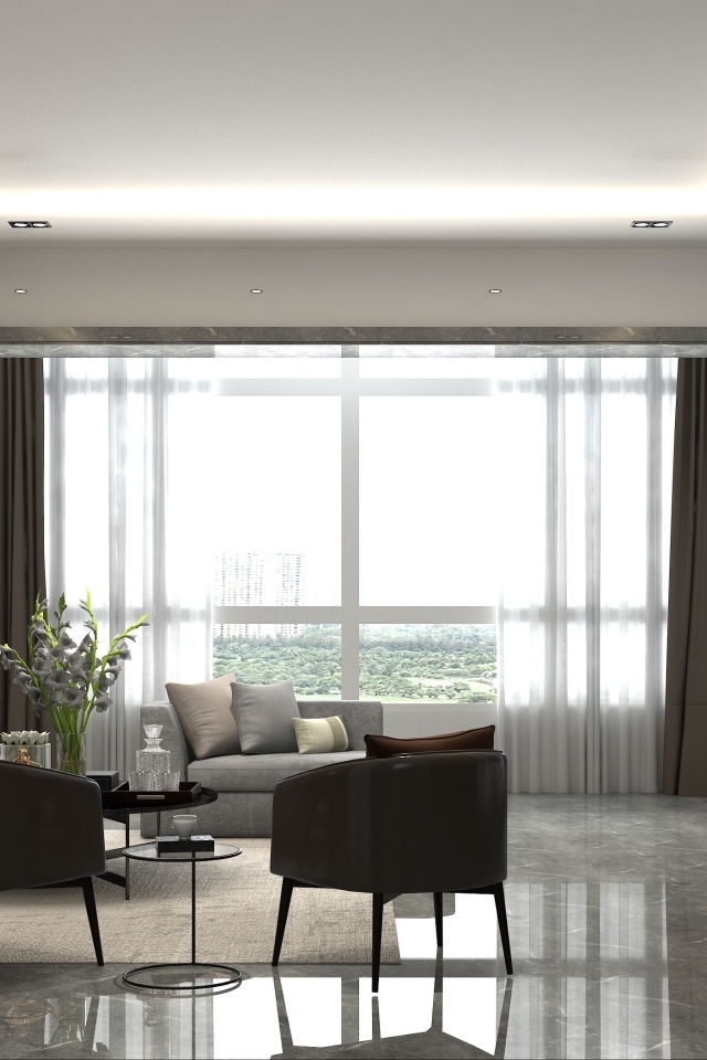 Большое окно в комнате с телевизором и мебелью 