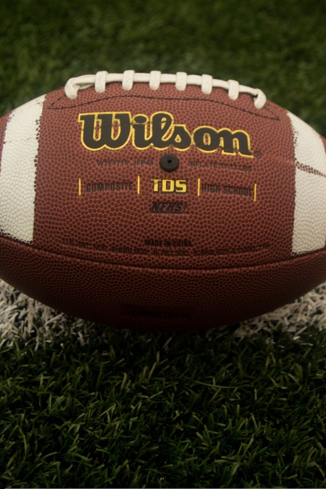 Кожаный мяч для американского футбола на зеленой траве