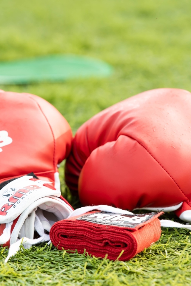 Красные боксерские перчатки лежат на зеленой траве 