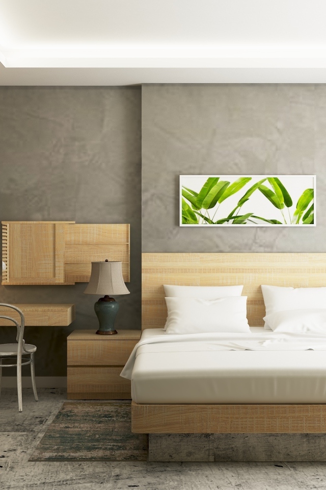 Деревянная мебель в комнате с серыми стенами