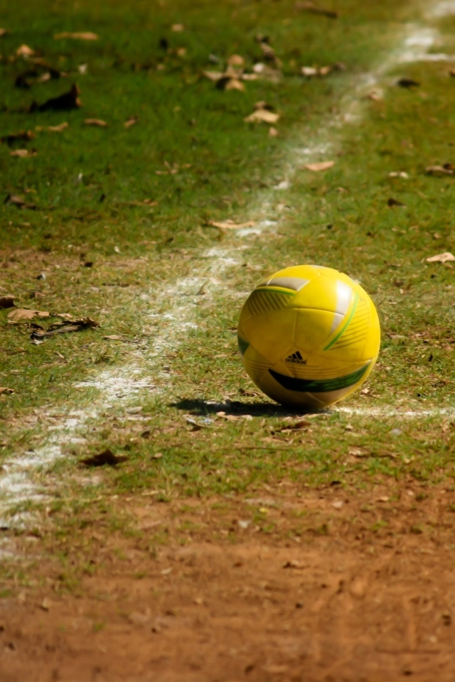 Желтый мяч на футбольном поле осенью 