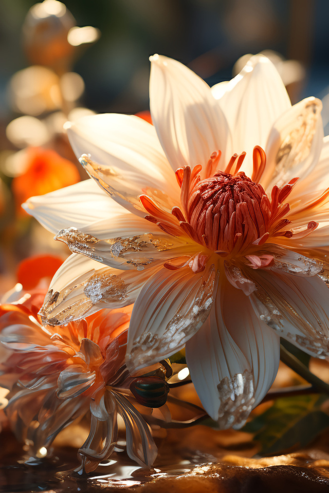 Распустившийся необычный цветок в воде с бутонами