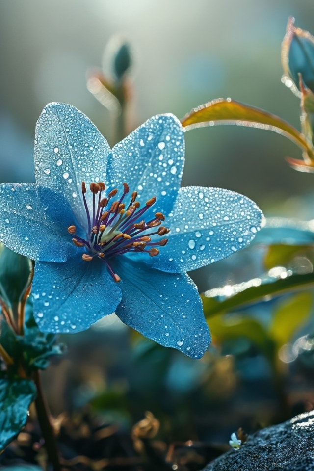 Синий цветок с бутонами в каплях росы