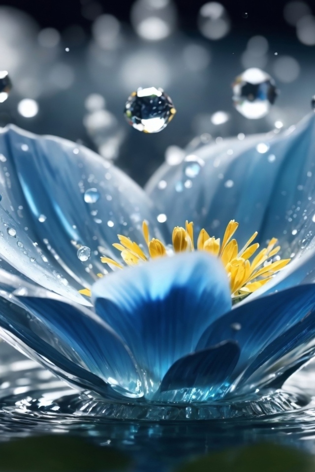 Капли дождя летят на красивый синий цветок