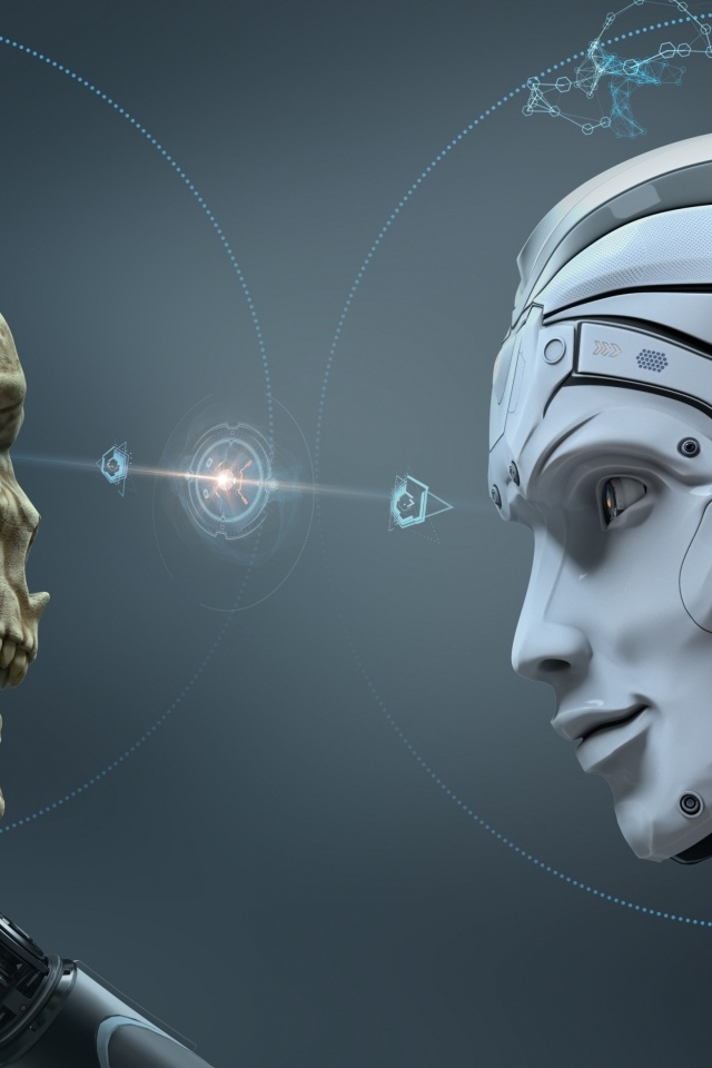 Робот держит в руке череп человека 3д графика