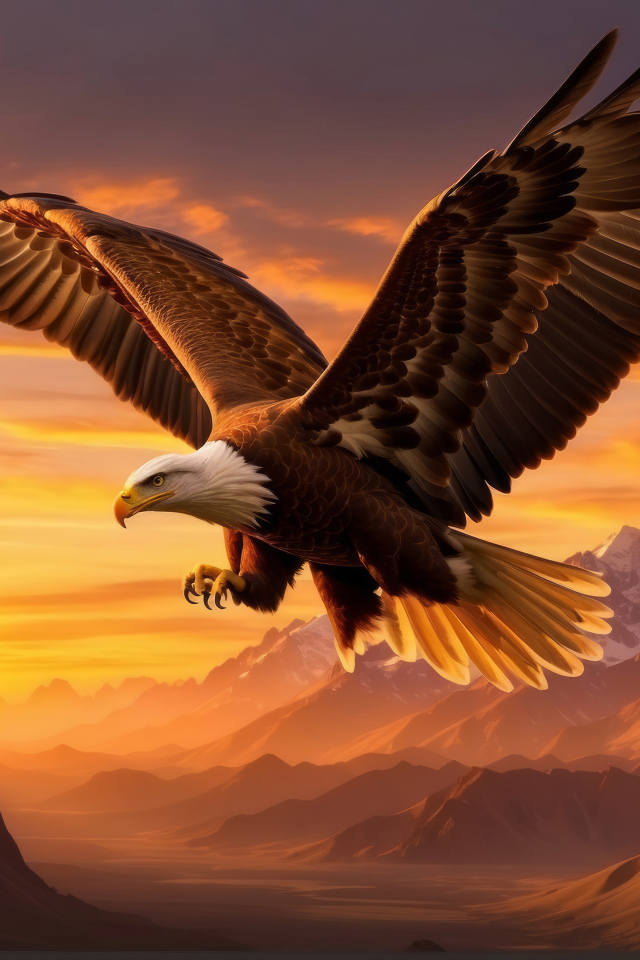 Белоголовый орлан с большими крыльями летит над горами
