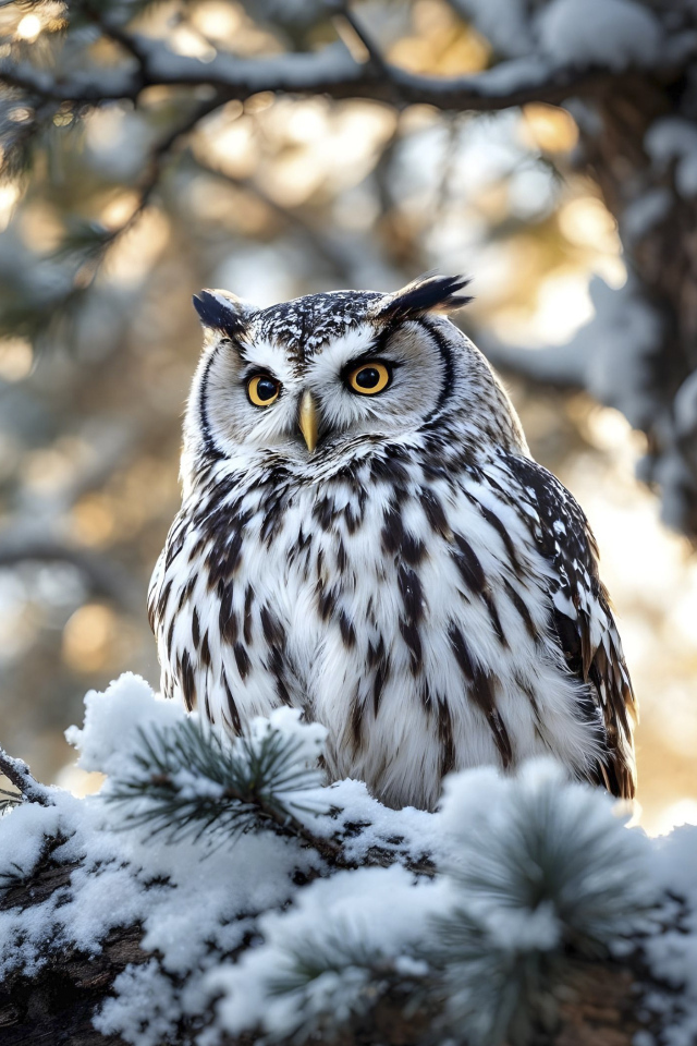 Большая сова сидит на заснеженной ветке дерева