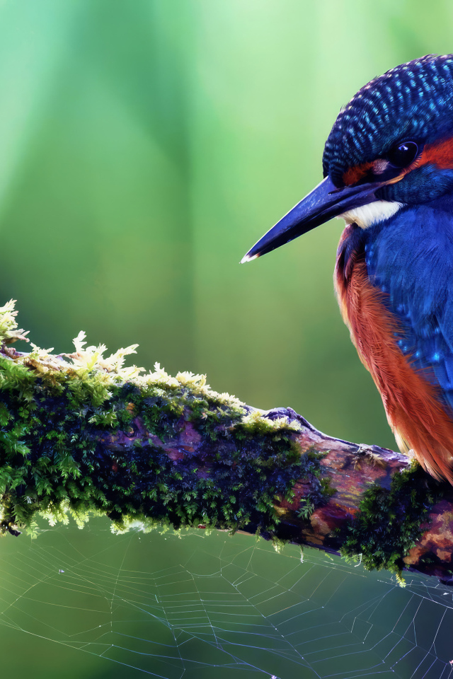 Маленькая синяя птица зимородок сидит на ветке