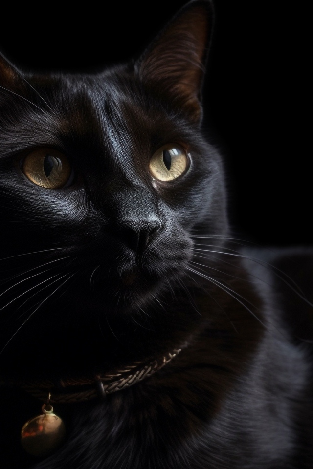 Красивый черный домашний кот с ошейником