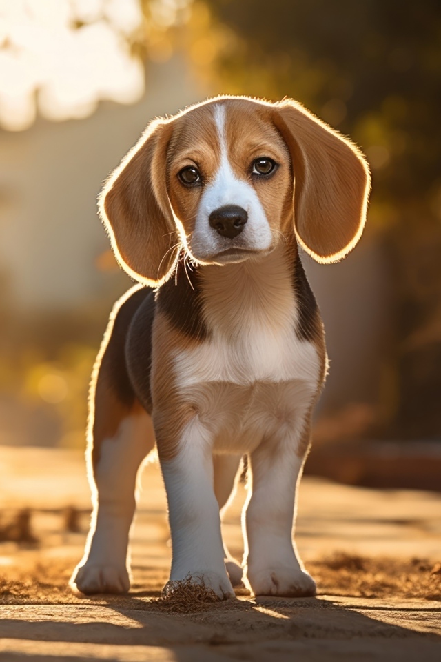 Щенок бигля стоит на дороге