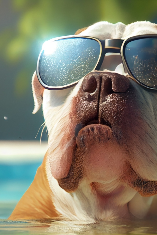 Бульдог в очках сидит в воде