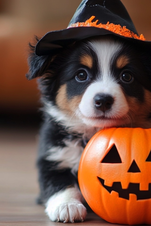 Маленький забавный щенок с тыквой на Хэллоуин 