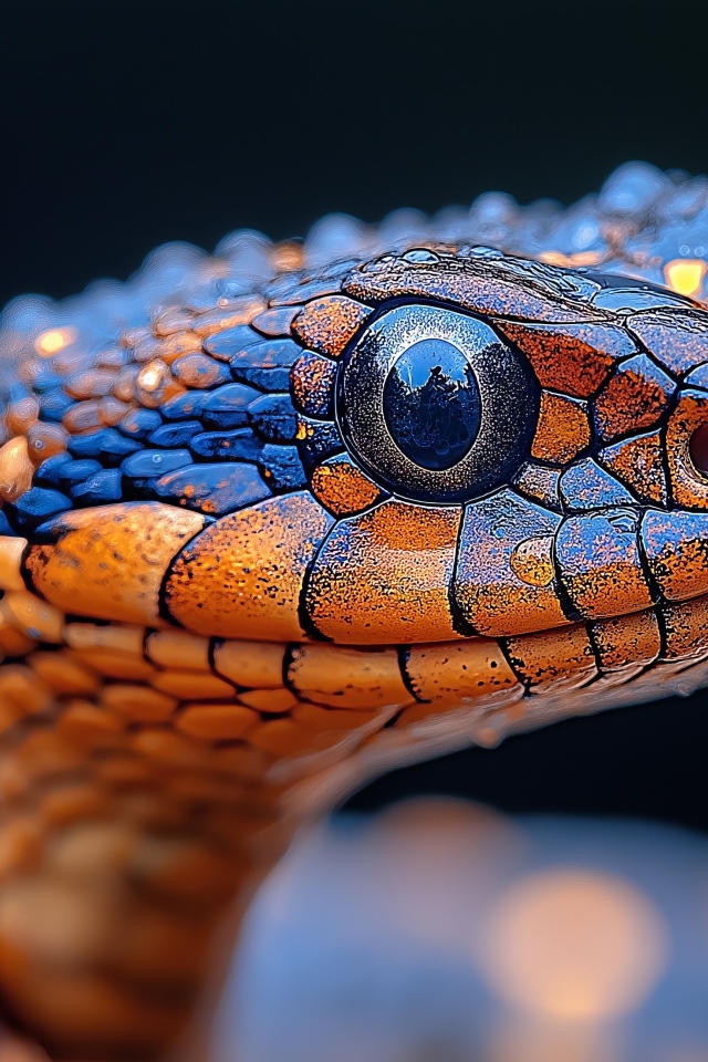 Голова змеи с большими глазами на черном фоне