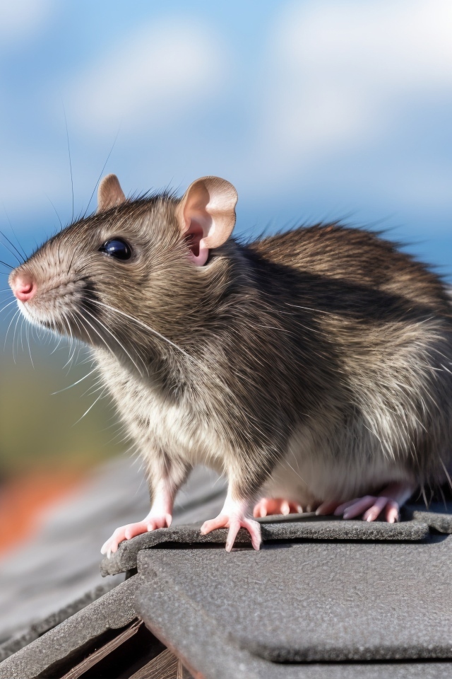 Серая крыса сидит на крыше