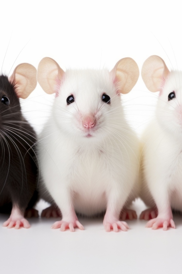 Две белые и коричневая домашние крысы