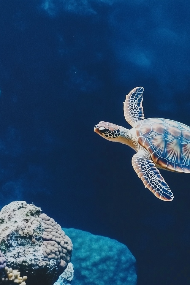 Маленькая черепаха под водой у коралл